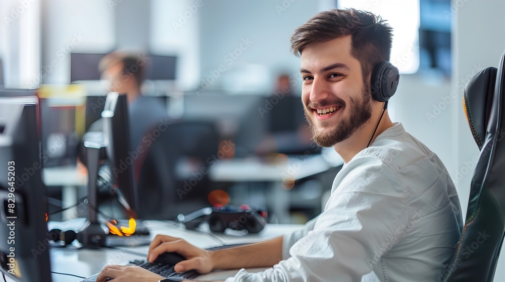 Poster confident young professional using computer in office setting