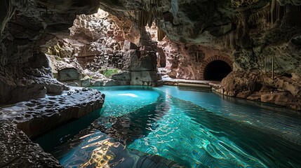 A pool with a hidden underwater cave, accessible through a narrow tunnel