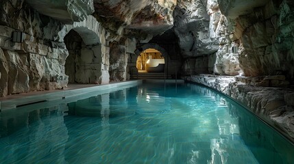 A pool with a hidden underwater cave, accessible through a narrow tunnel
