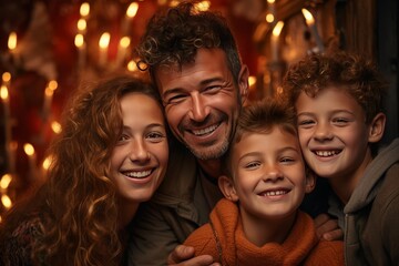 Family in festive celebration close up, focus on joy, dynamic, Composite, family room backdrop