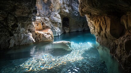 A pool with a hidden underwater cave, accessible through a narrow tunnel