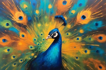 Colorful abstract portrait painting of a tropical exotic animal blue peacock bird, nature theme concept texture design.
