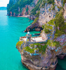 Aerial view of Faro del Caballo (Santoña), Cantabria, Spain. Caballo lightouse from a drone.