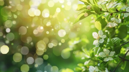 Fototapeta premium Idyllic Sunlit Garden with Green Leaves and White Blossoms – Perfect for Nature-Themed Designs with Generous Copy Space