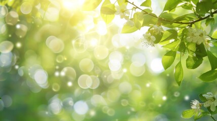 Obraz premium Idyllic Sunlit Garden with Green Leaves and White Blossoms – Perfect for Nature-Themed Designs with Generous Copy Space
