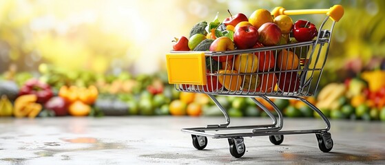 A shopping cart filled with fresh fruit against a colorful background.
