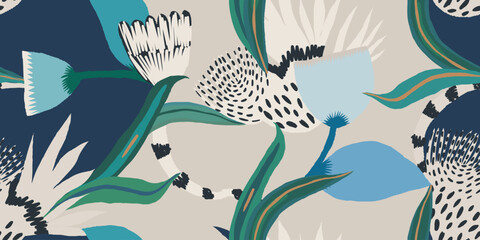 Abstract artistic hand drawn flowers print. Unique botanical collage seamless pattern. 