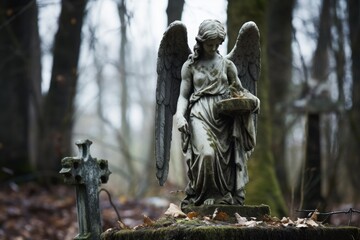 Obsolete statue of an angel with a cross in a cemetery. Concept of burial, death, afterworld.