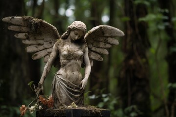 Obsolete statue of an angel with a cross in a cemetery. Concept of burial, death, afterworld.