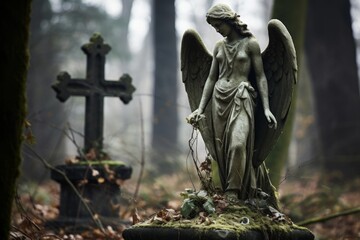 Obsolete statue of an angel with a cross in a cemetery. Concept of burial, death, afterworld.