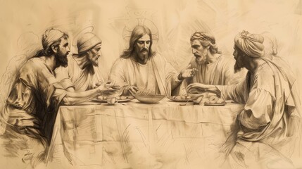 Biblical Illustration: Jesus at the Last Supper, Passover Meal, Eucharist Institution, Disciples, Beige Background, Copyspace