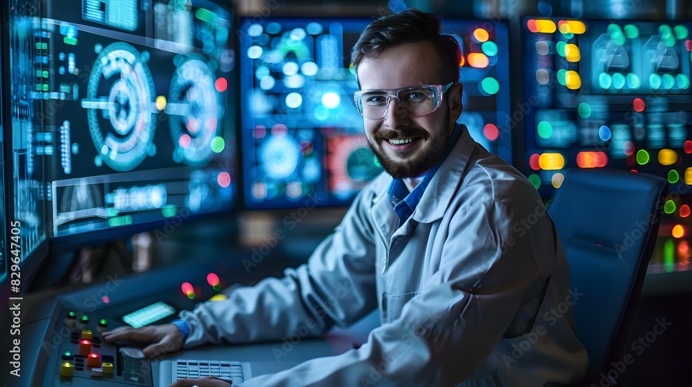 Poster focused nuclear engineer examining control panel in high tech workspace