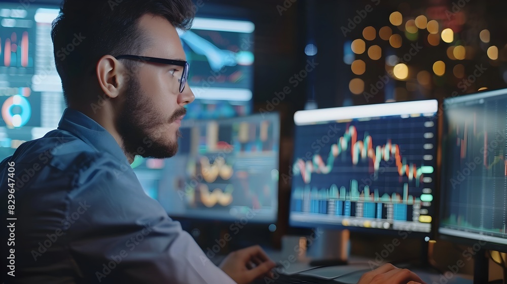 Poster focused financial analyst reviewing comprehensive market data on dual computer monitors in office en