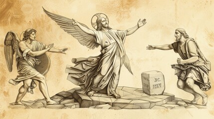 Fototapeta premium Biblical Illustration: Jesus' Resurrection, Angel at Tomb, Guards Faint, Stone Rolled Away, Beige Background, Copyspace