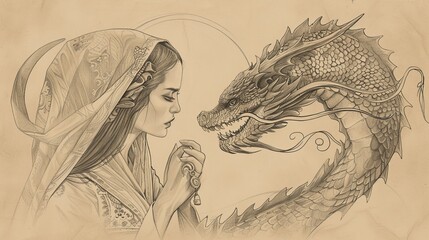 Biblical Illustration: Woman and Dragon, Birth and Spiritual Warfare, Child Protected by God, Beige Background, Copyspace