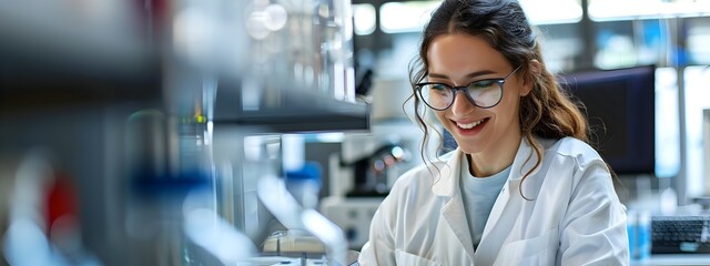 Focused Young Female Researcher Diligently Conducting Scientific Experiments and Investigations in a Well Equipped Laboratory Setting