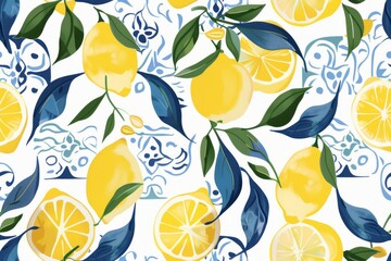 Seamless Pattern of Lemons with Santorini-Inspired Blue and White Tile,  Greece designs. Blue, white geometric patterns and floral motifs.for textiles, wallpapers, home decor. Mediterranean style.