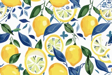 Seamless Pattern of Lemons with Santorini-Inspired Blue and White Tile,  Greece designs. Blue, white geometric patterns and floral motifs.for textiles, wallpapers, home decor. Mediterranean style.