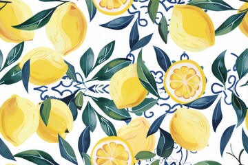 Seamless Pattern of Lemons with Santorini-Inspired Blue and White Tile,  Greece designs. Blue, white geometric patterns and floral motifs.for textiles, wallpapers, home decor. Mediterranean style.
