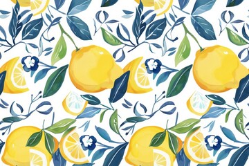 Seamless Pattern of Lemons with Santorini-Inspired Blue and White Tile,  Greece designs. Blue, white geometric patterns and floral motifs.for textiles, wallpapers, home decor. Mediterranean style.