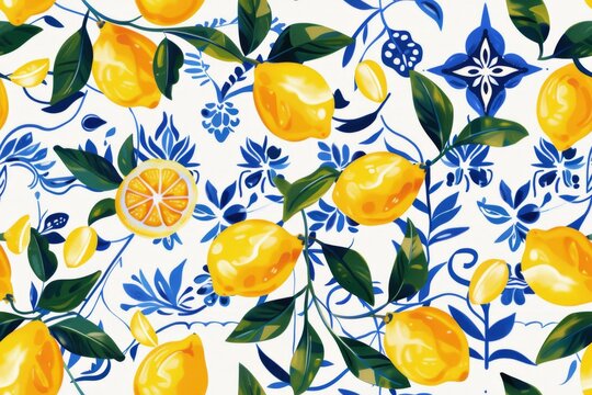Fototapeta Seamless Pattern of Lemons with Santorini-Inspired Blue and White Tile,  Greece designs. Blue, white geometric patterns and floral motifs.for textiles, wallpapers, home decor. Mediterranean style.