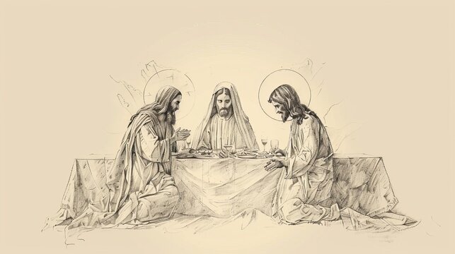 Biblical Illustration: Marriage Supper, Church Bride, Jesus Groom, Heavenly Feast, Beige Background, Copyspace