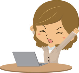 パソコンの前で伸びをする女性