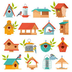 Wooden bird feeders and houses. Cute homemade nests, different designs, bullfinches and tits winter support, places for seeds, cartoon flat style isolated illustration vector birdhouse set © YummyBuum