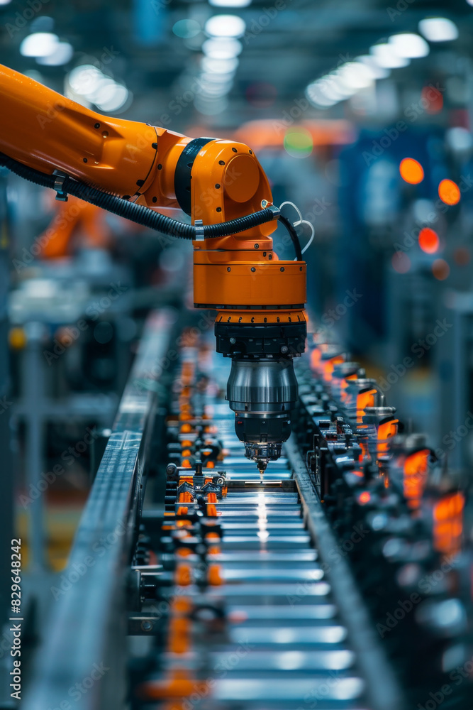Poster precision work of robotic arm on assembly line showcasing industrial automation and robotics advance