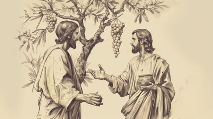Biblical Illustration: Jesus as the Vine, Teaching on Branches, Vineyard and Fruit, Beige Background, Copyspace