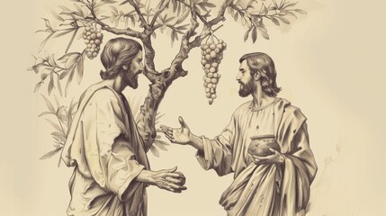 Fototapeta premium Biblical Illustration: Jesus as the Vine, Teaching on Branches, Vineyard and Fruit, Beige Background, Copyspace