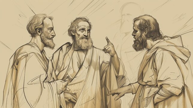 Biblical Illustration: Philippian Jailer's Salvation, Paul and Silas, Asking for Faith, Beige Background, Copyspace