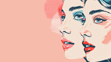 Closeup minimalist multiple women's faces in profile with makeup vintage retro off center pop art...