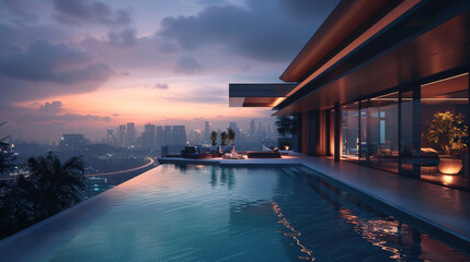 Sleek house with rooftop infinity pool overlooking city skyline.