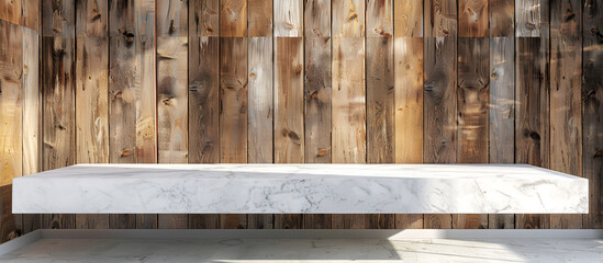 Square marble platform for product. Wooden background. shelf and wooden wall background texture. Empty top of natural wood shelves and marble wall background.