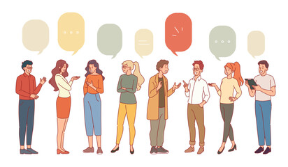 Group of communicating friends. Talking people, men and women discussing topic, dialogue speech bubbles, conversation symbols, meeting and debate, cartoon flat isolated illustration, vector set