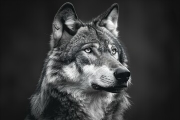 A black, white picture of a grey wolf with a dark background