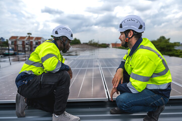 Two diversity solar engineer men working together on solar roof