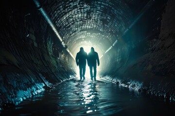 Two individuals are walking together in a dimly lit tunnel entrance, surrounded by darkness - Powered by Adobe