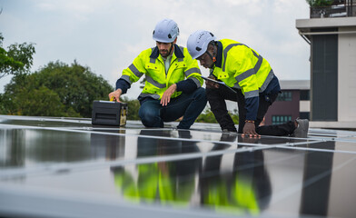Fototapeta premium Diversity solar engineer men working together with solar panel on rooftop