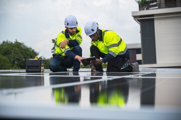 Two diversity solar engineer men working together on solar roof