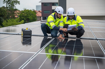 Two diversity solar engineer men working together with solar panels on rooftop