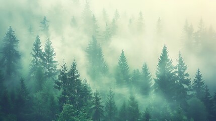 Foggy pine forest in the mountains.