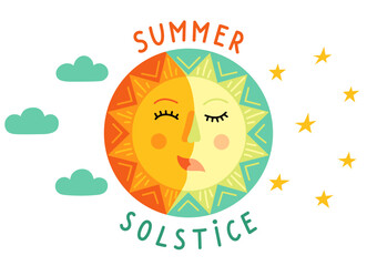 Summer solstice. Sun and moon face symbol with handwritten text on white background. 