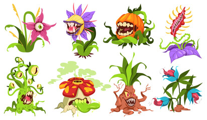 Cartoon monster plants. Carnivore fantastic flora with teeth, eyes, scary flowers, venomous predatory botanical characters, angry ugly creature cartoon flat isolated illustration tidy vector set © YummyBuum