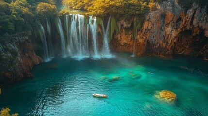 A breathtaking view of a waterfall surrounded by green trees and a boat floating on the turquoise water