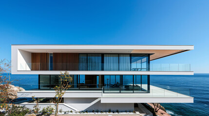 Fototapeta premium Sleek modern home seamlessly blends with scenic sea and sky backdrop.