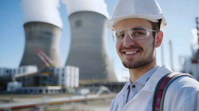 Nuclear Engineer at Work Smiling in Front of Power Plant