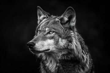 Illustration of  black, white picture of a grey wolf with a dark background