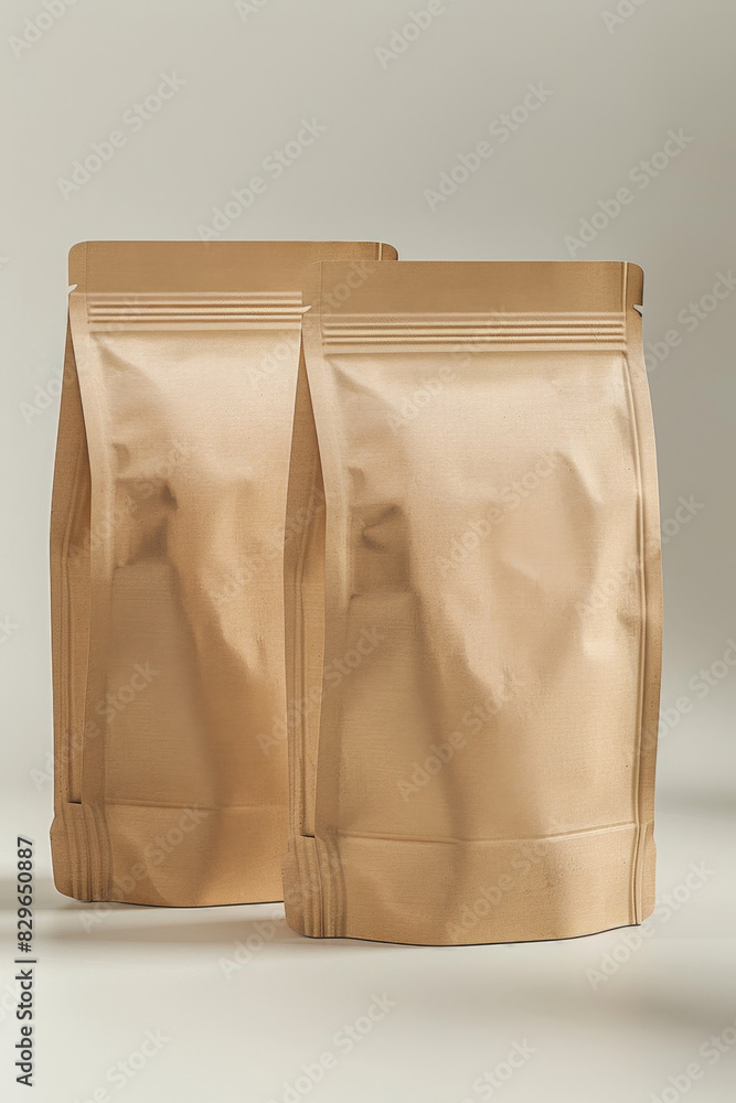 Poster mockup of two product paper bags with ziplock on isolated background